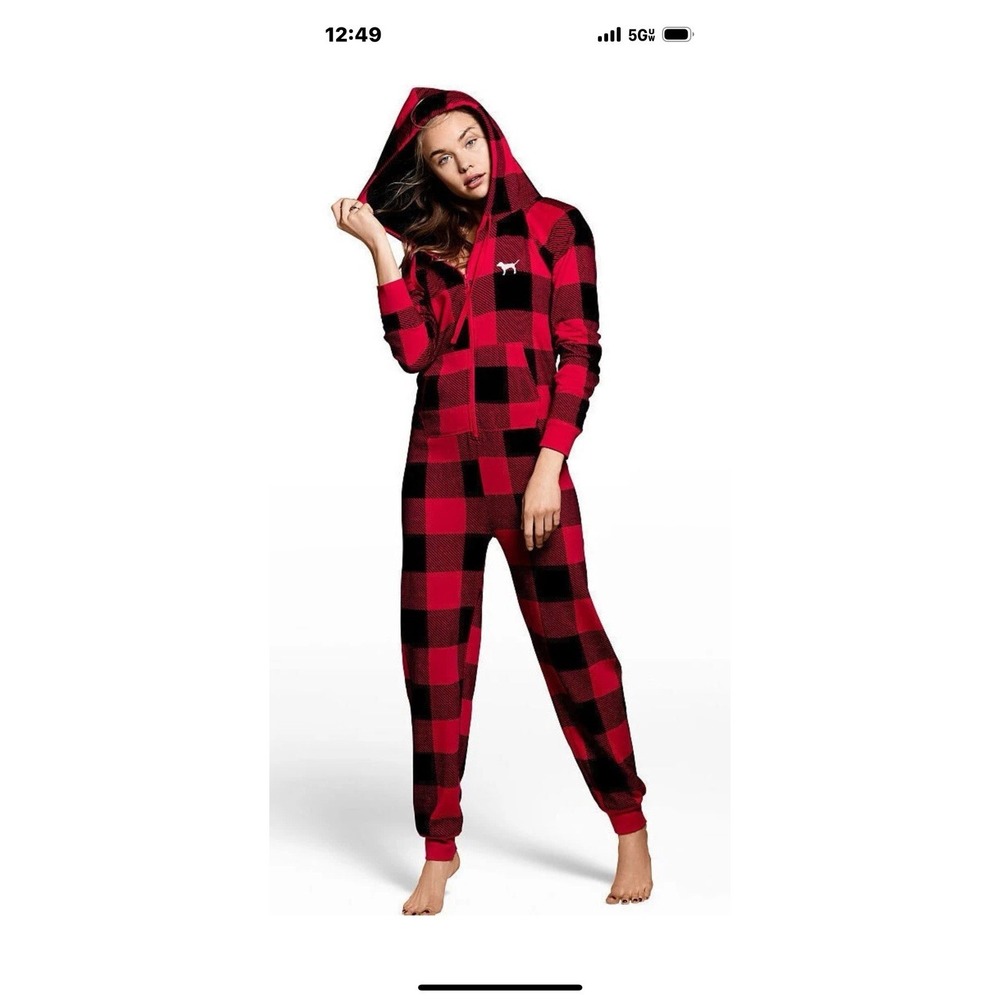 VICTORIA'S SECRET PINK Large Sherpa Hood Sleep One Piece Red Black‎ Plaid #HR-2